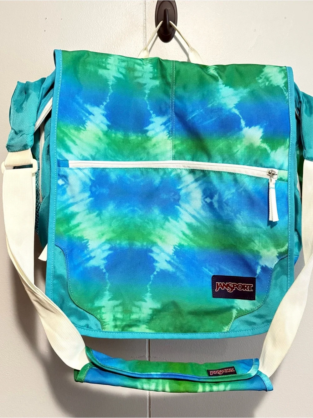 Vintage Y2K JanSport Elefunk Messenger Bag Blue Green Tie Dye Laptop Crossbody